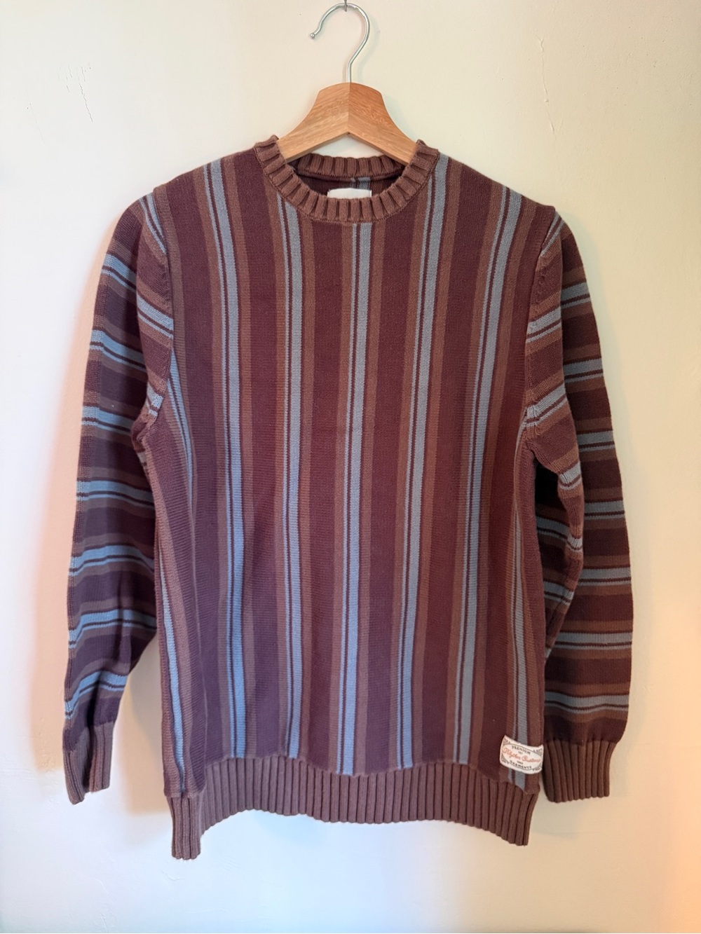 Rhythm Men's Brown and Light Blue Striped Crewneck Sweater